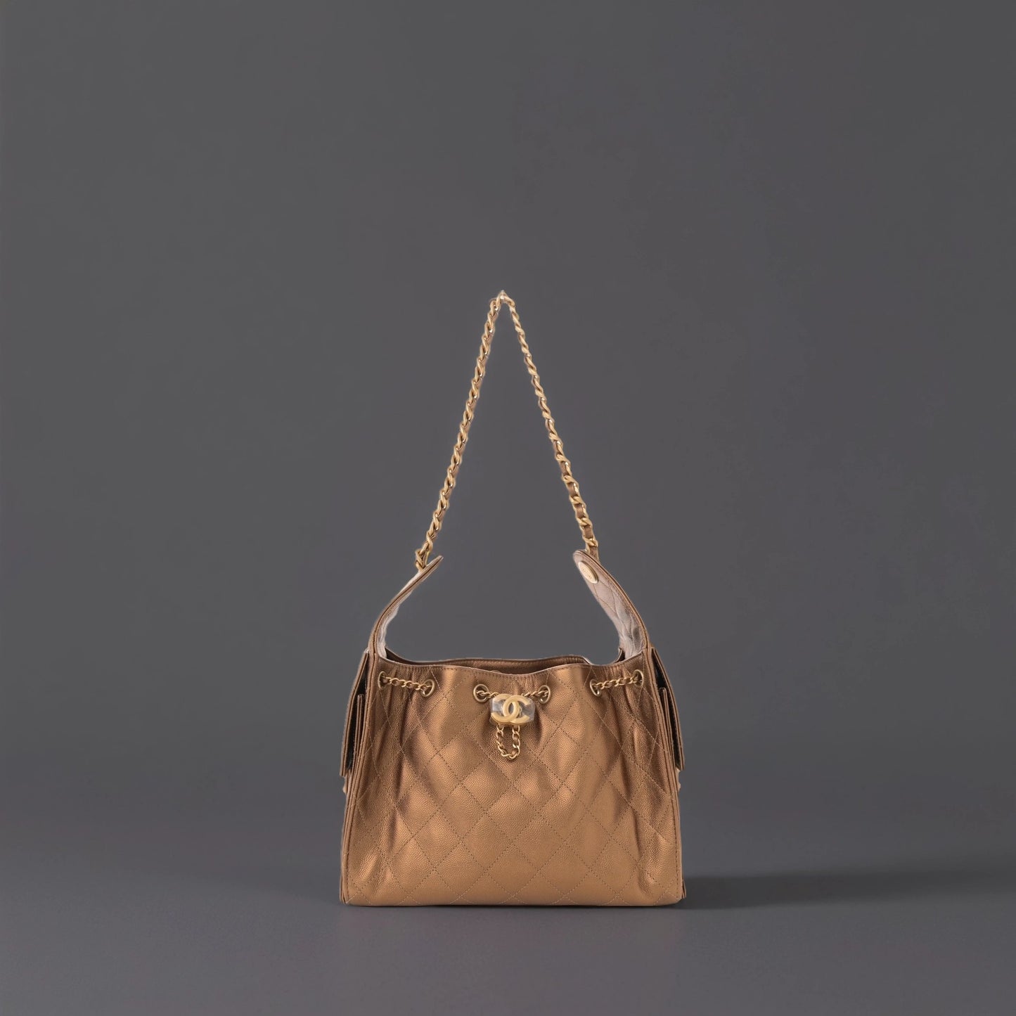 Metallic Caviar Quilted Small Chanel 25 Handbag Bronze