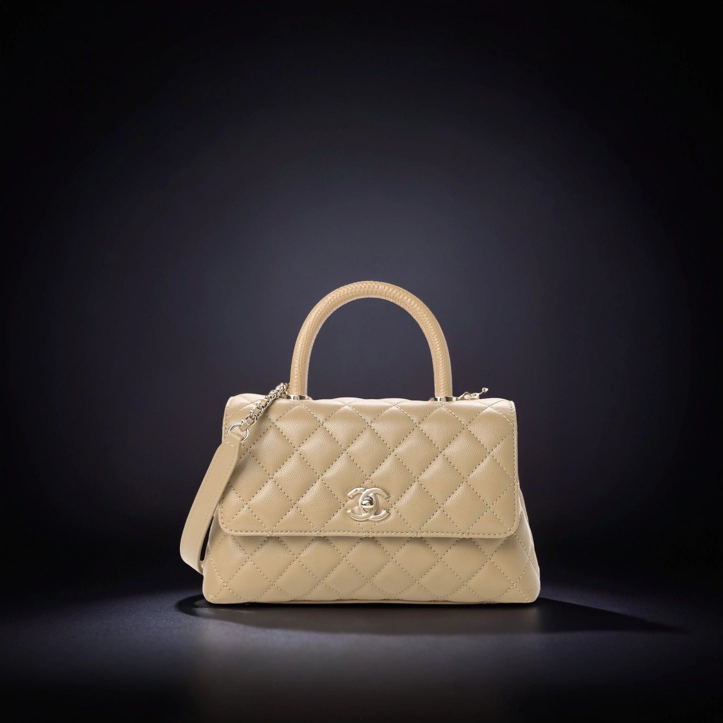 Caviar Lizard Embossed Quilted Mini Coco Handle Flap Dark Beige
