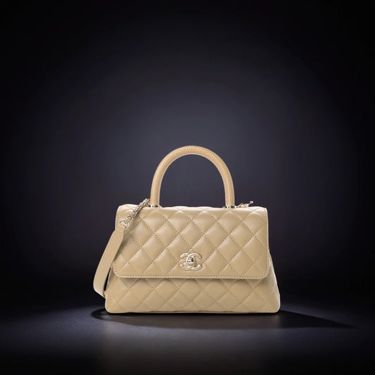 Caviar Lizard Embossed Quilted Mini Coco Handle Flap Dark Beige