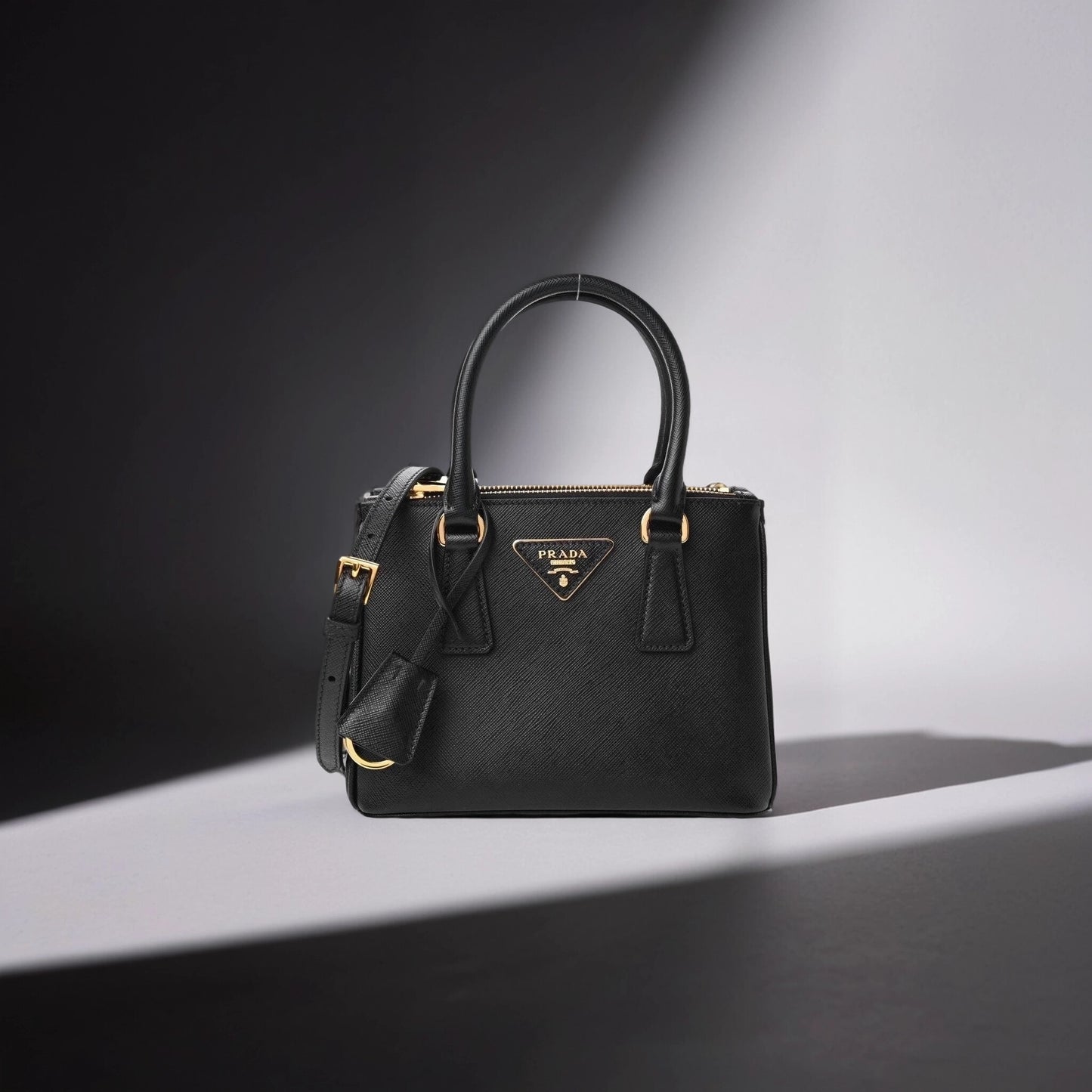 Saffiano Lux Mini Galleria Double Zip Tote Black