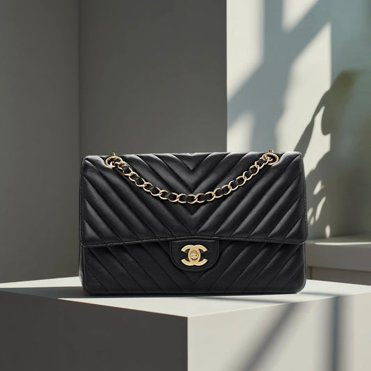 Lambskin Chevron Quilted Medium Double Flap Black