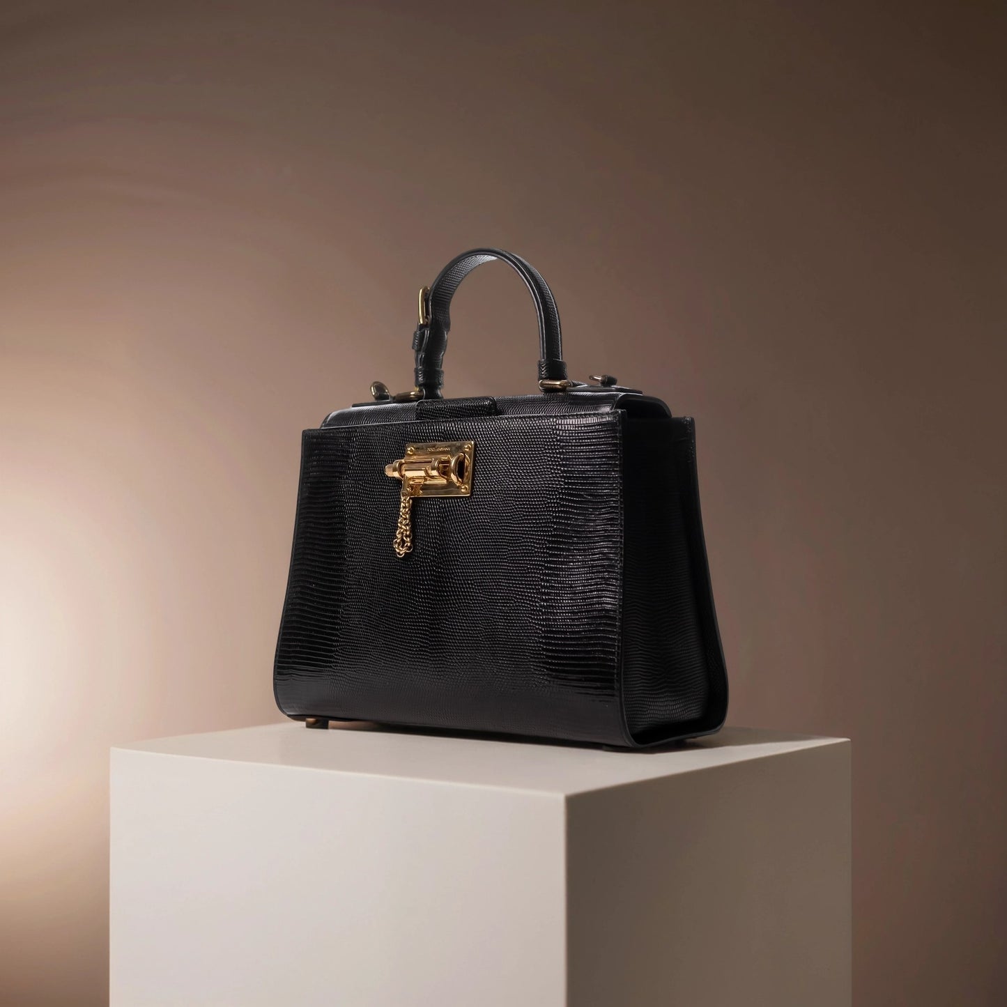 DOLCE & GABBANA Lizard Embossed Calfskin Large Monica Top Handle Bag Black