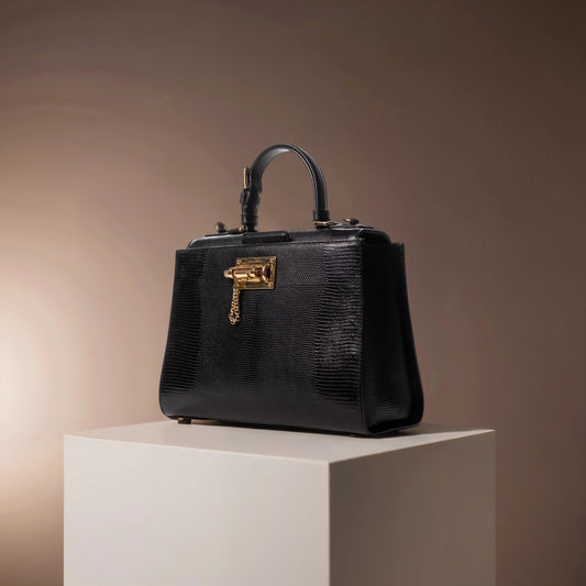 DOLCE & GABBANA Lizard Embossed Calfskin Large Monica Top Handle Bag Black