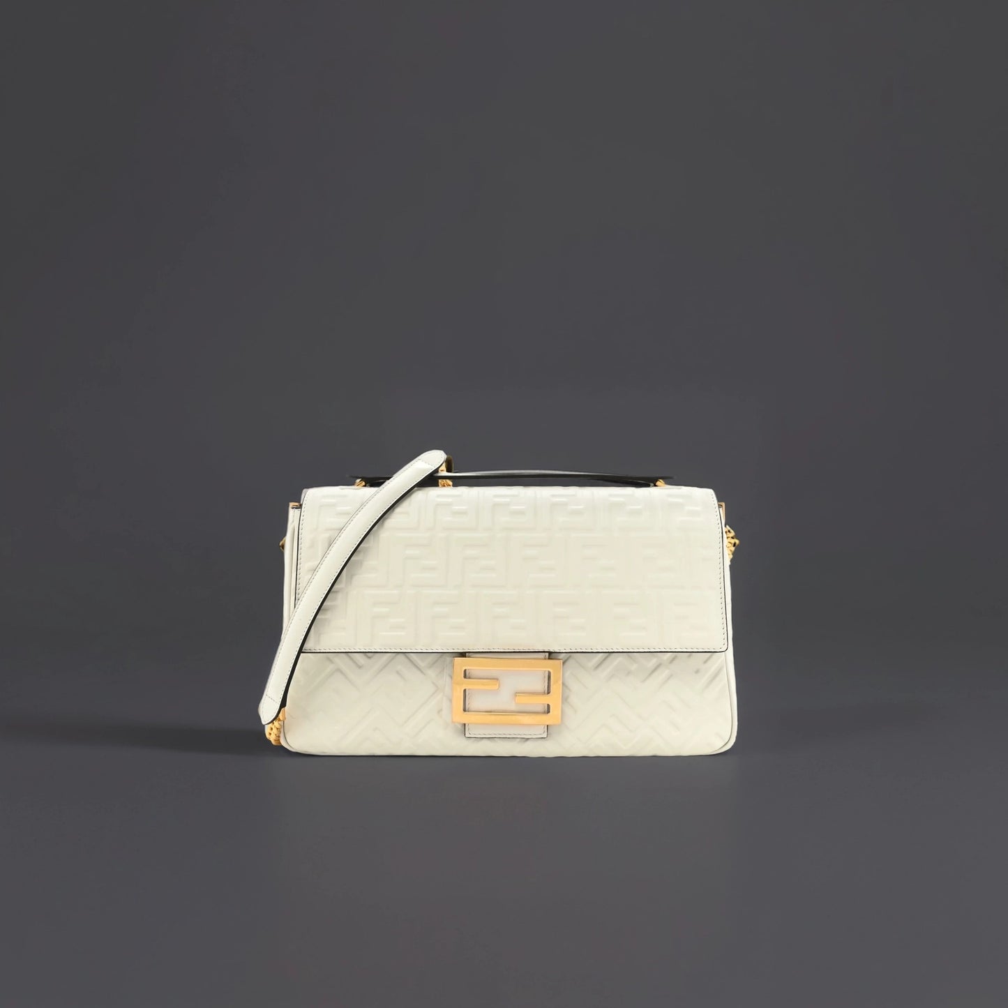 Nappa Small FF Embossed Large Chain Baguette White