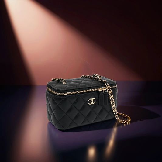 Caviar Quilted Small Tiny CC Vanity Case With Chain Black