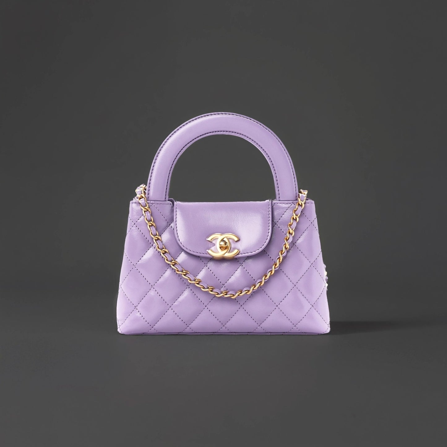 Shiny Aged Calfskin Quilted Nano Kelly Shopper Lilac