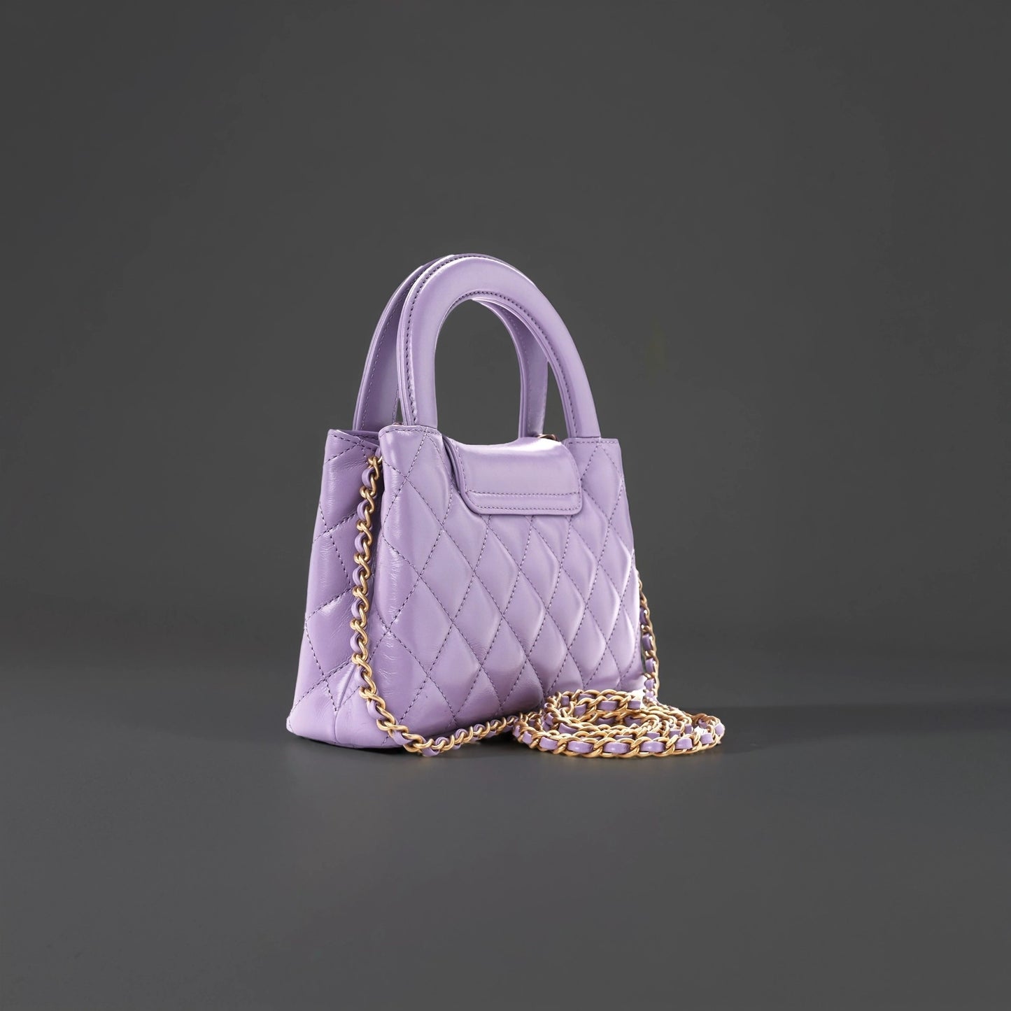 Shiny Aged Calfskin Quilted Nano Kelly Shopper Lilac