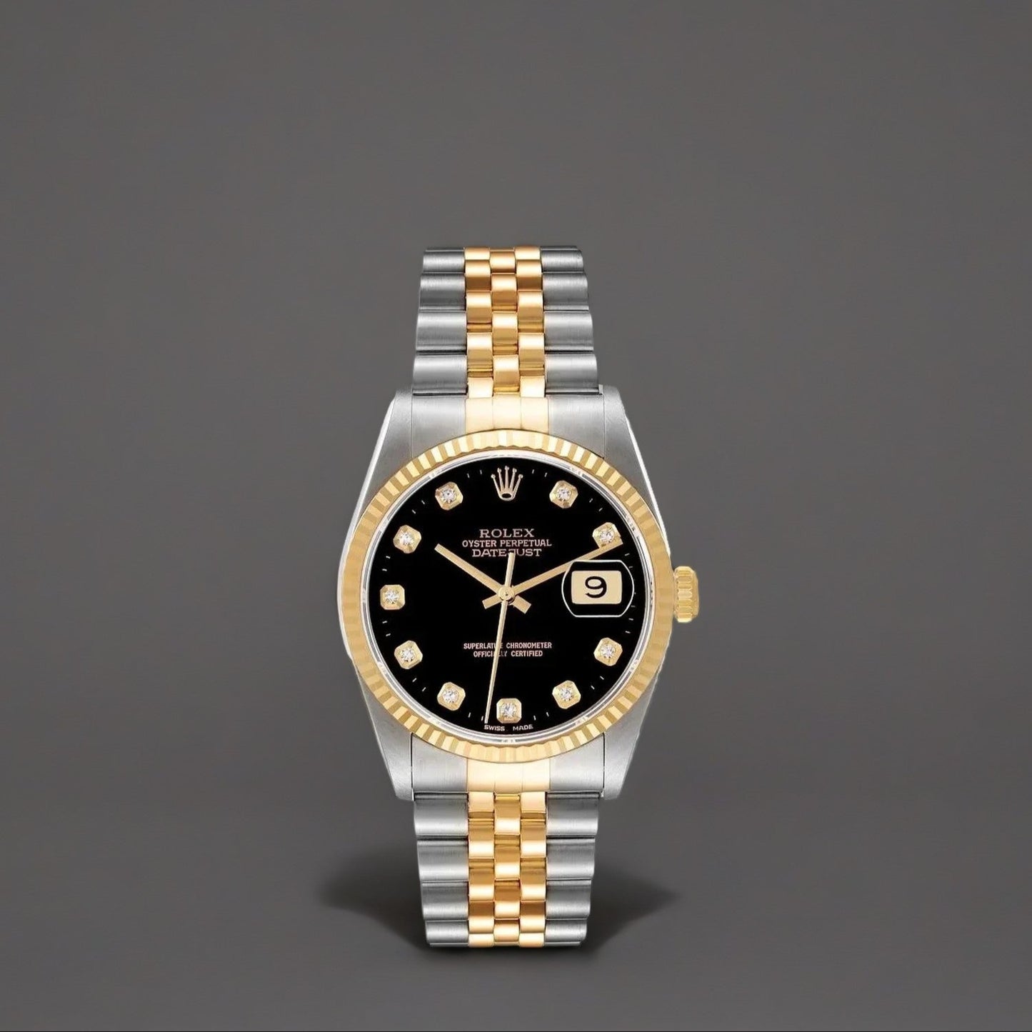 Rolex Datejust 36 Steel Yellow Gold Black Diamond Dial Watch