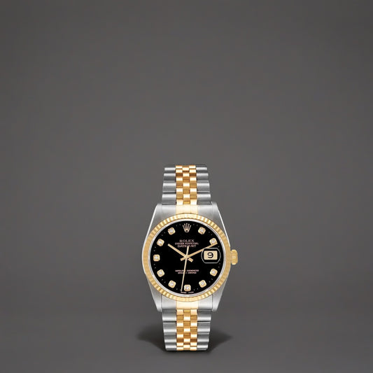 Rolex Datejust 36mm Steel Yellow Gold Black Diamond Dial Watch