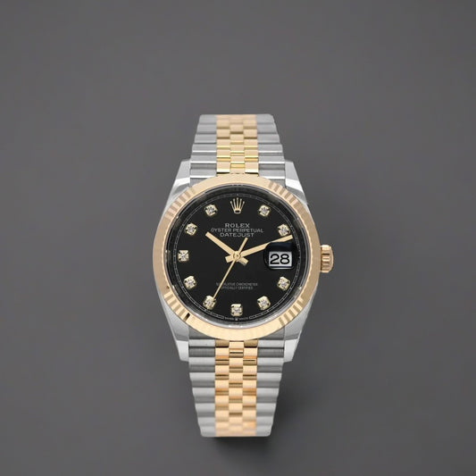 Rolex Datejust 36mm Steel Yellow Gold Black Diamond Dial Watch