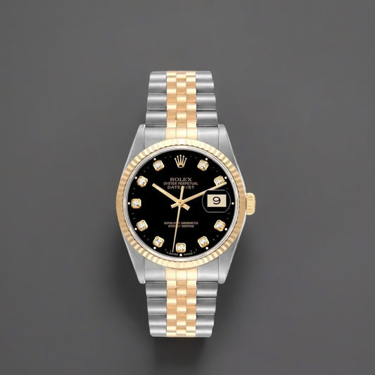 Rolex Datejust Midsize Steel Yellow Gold Black Diamond Ladies Watch