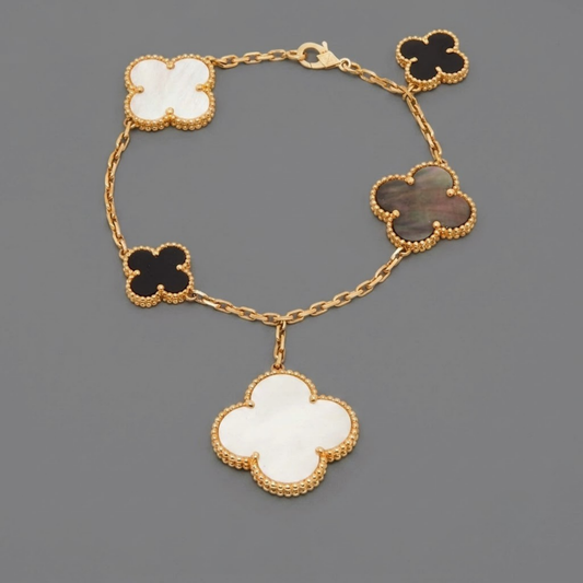 18K Yellow Gold Grey Mother of Pearl Black Onyx 5 Motifs Magic Alhambra Bracelet