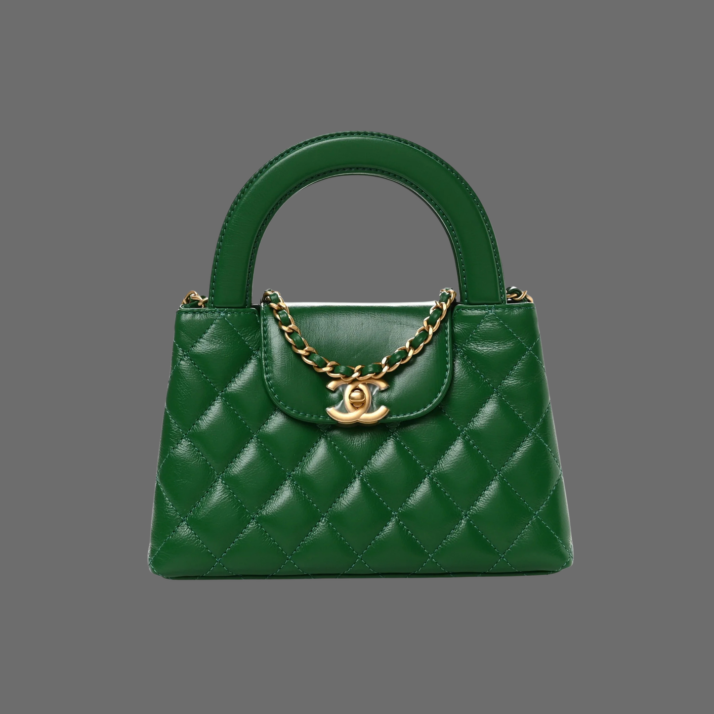 Shiny Aged Calfskin Quilted Nano Kelly Shopper Green