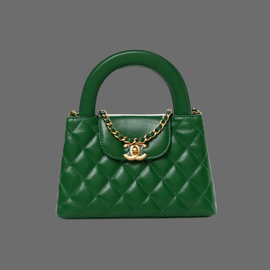 Shiny Aged Calfskin Quilted Nano Kelly Shopper Green