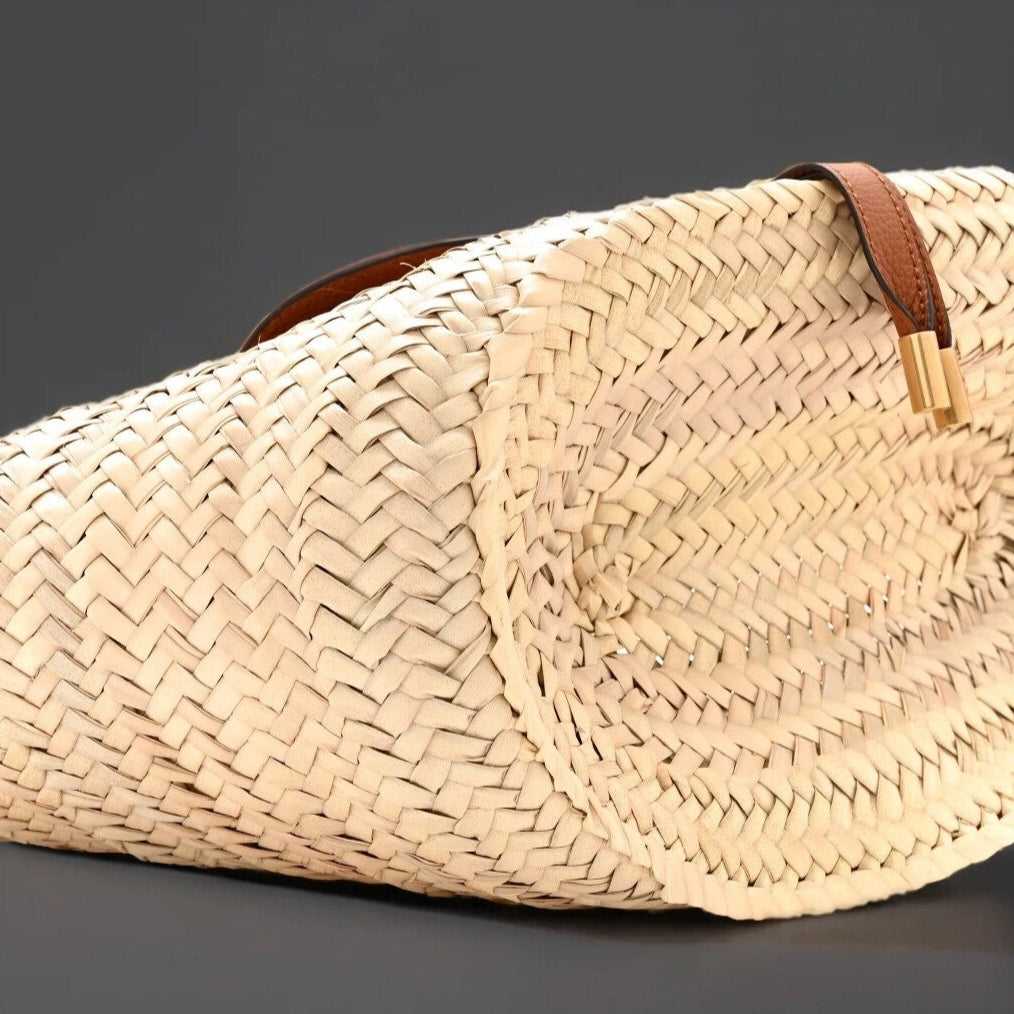 Raffia Small Grain Calfskin Medium Marcie Basket Tan