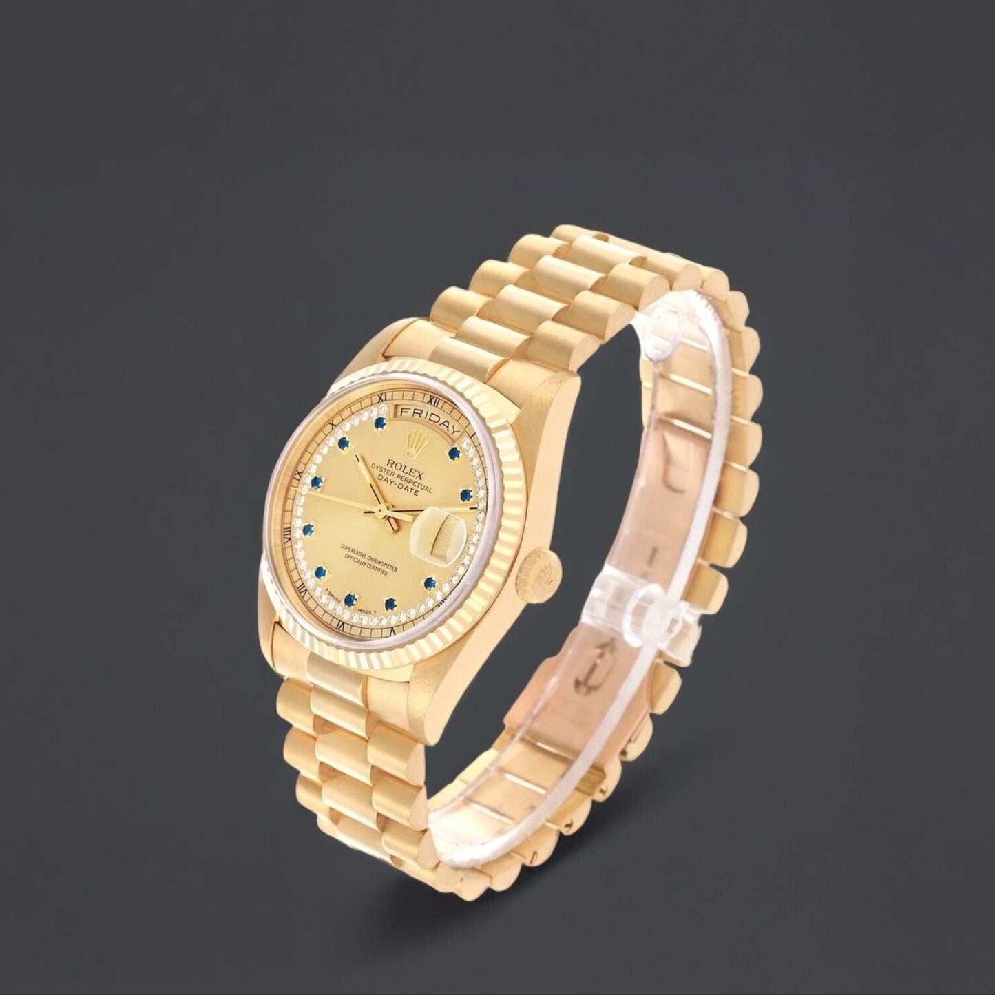 Rolex President 36mm Day-Date Yellow Gold String Diamond Watch
