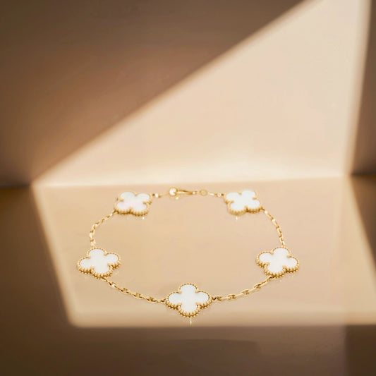 18K Yellow Gold Mother of Pearl 5 Motifs Vintage Alhambra Bracelet