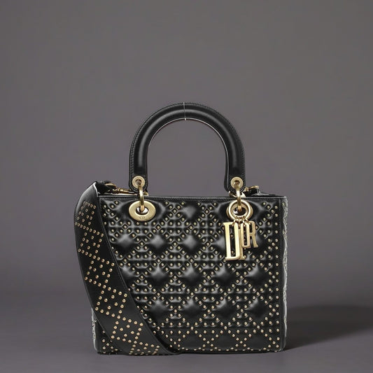 Calfskin Cannage Studded Medium Supple Lady Dior Black