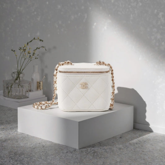 White Quilted Caviar Small Vanity with Chain Gold Hardware