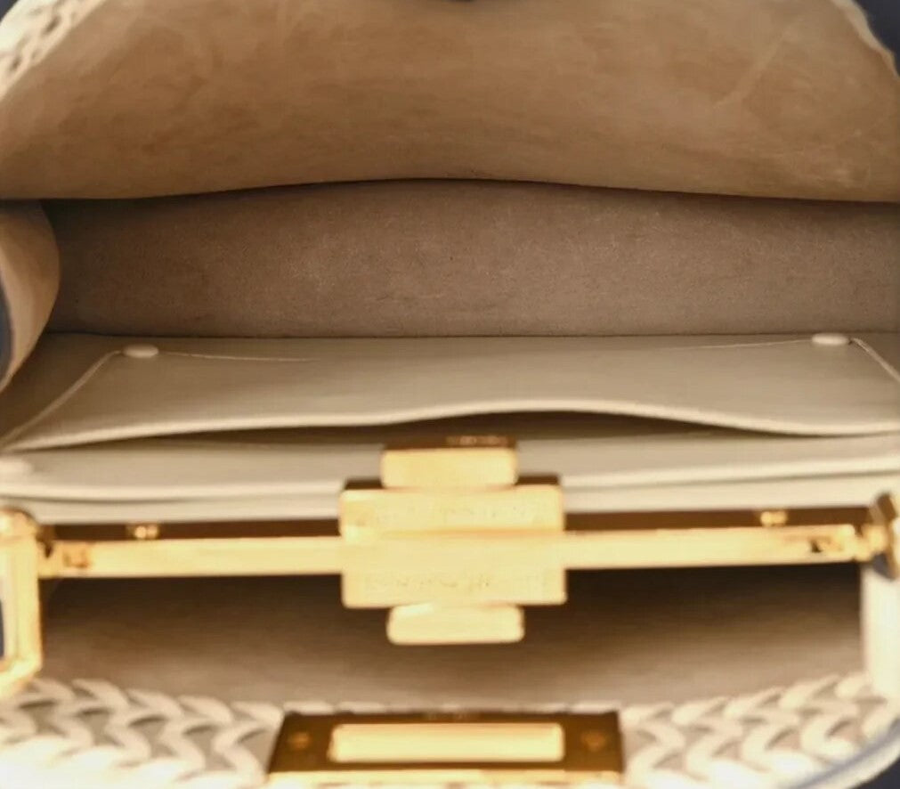 Vitello King Ceylon Shiny Nappa Woven Medium Peekaboo I SEE U Satchel White Ice