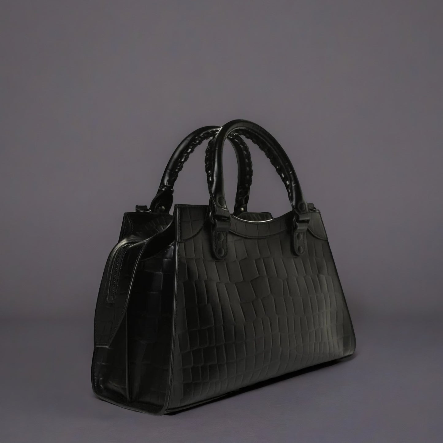 Semi Shiny Calfskin Crocodile Embossed Neo Classic Black Hardware S City Black