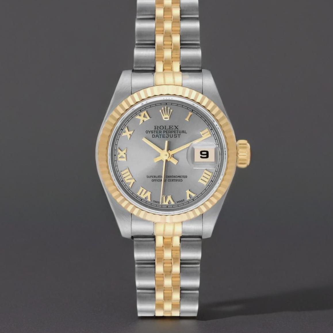 Rolex Datejust Steel 26mm Yellow Gold Slate Roman Dial Ladies Watch