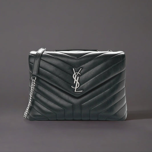 Calfskin Y Quilted Monogram Medium Loulou Chain Satchel Black