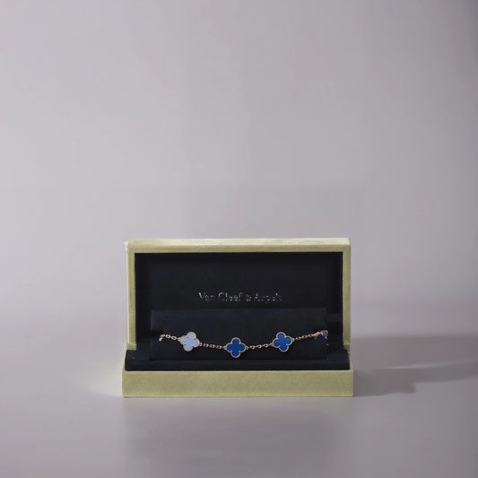 18K Yellow Gold Blue Agate 5 Motifs Vintage Alhambra Bracelet