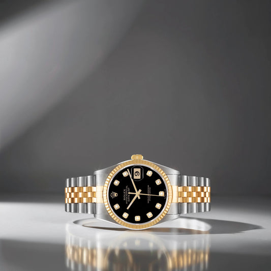 Rolex Datejust 36mm Steel Yellow Gold Black Diamond Dial Watch