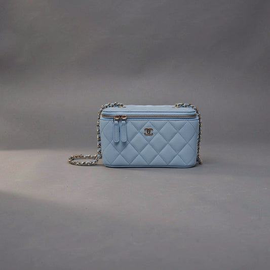 Caviar Quilted Small Vanity Case With Chain Light Blue