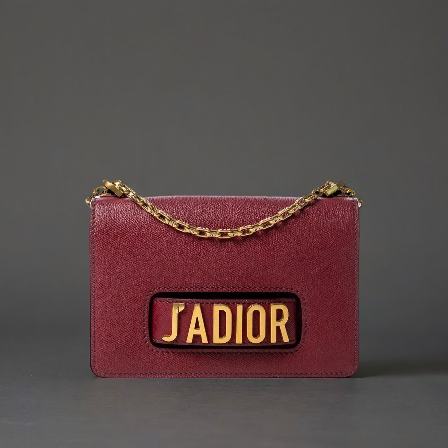 J'Adior Chain Flap Bag Dark Red Grained Leather