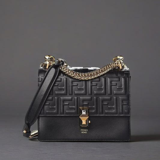 Calfskin FF 1974 Embossed Small Kan I Shoulder Bag Black