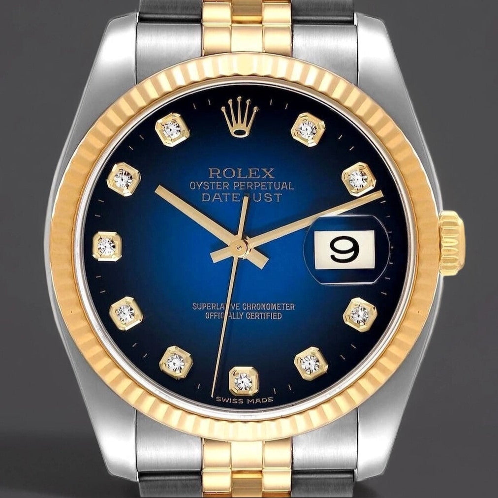 Rolex Datejust 36mm Steel Yellow Gold Blue Vignette Diamond Dial Watch