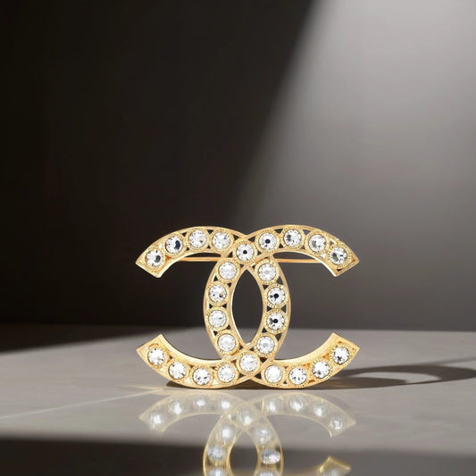 Metal Crystal CC Brooch Gold