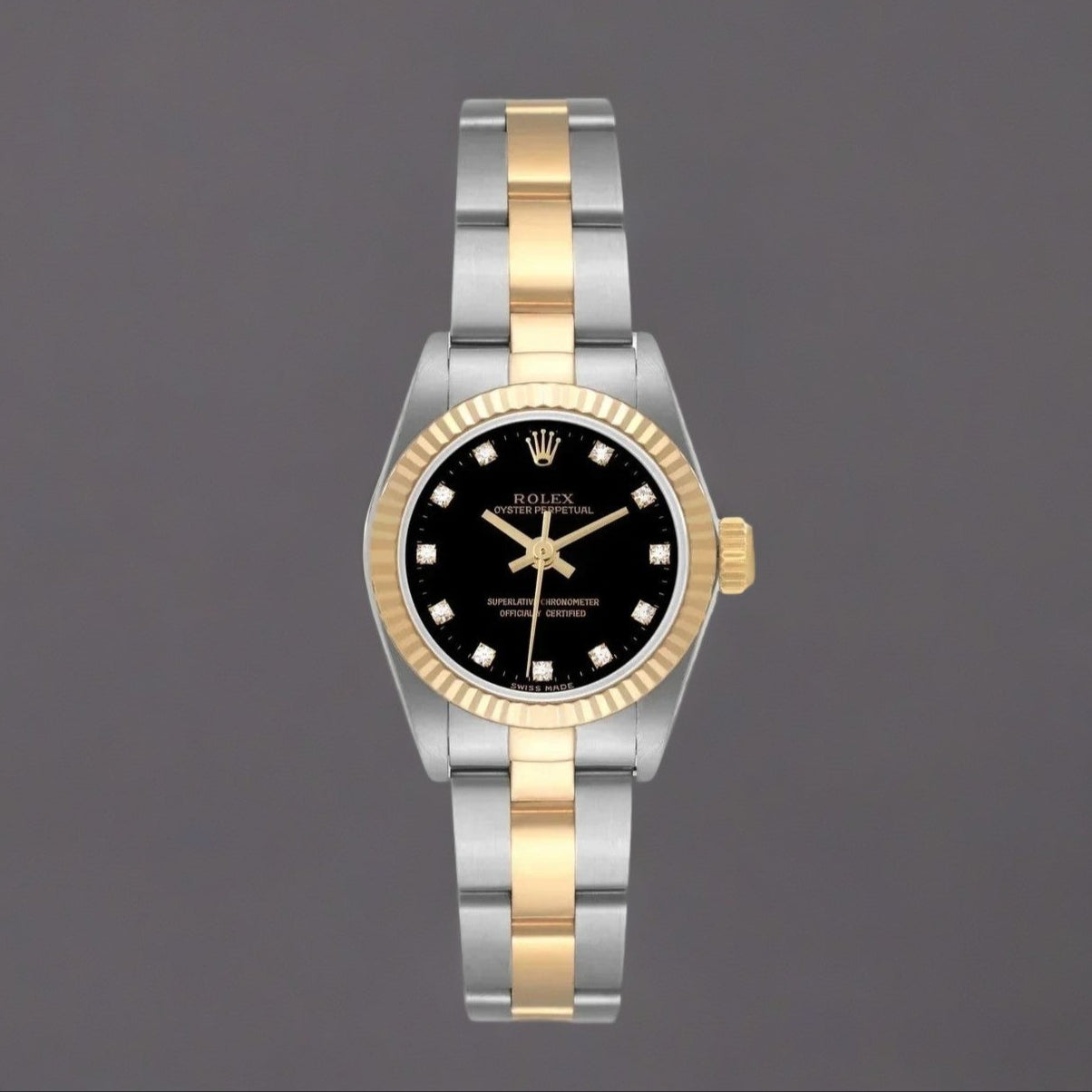 Rolex Oyster Perpetual Steel Yellow Gold Black Diamond Dial Watch