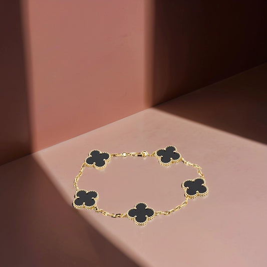 18K Yellow Gold Black Onyx 5 Motifs Vintage Alhambra Bracelet