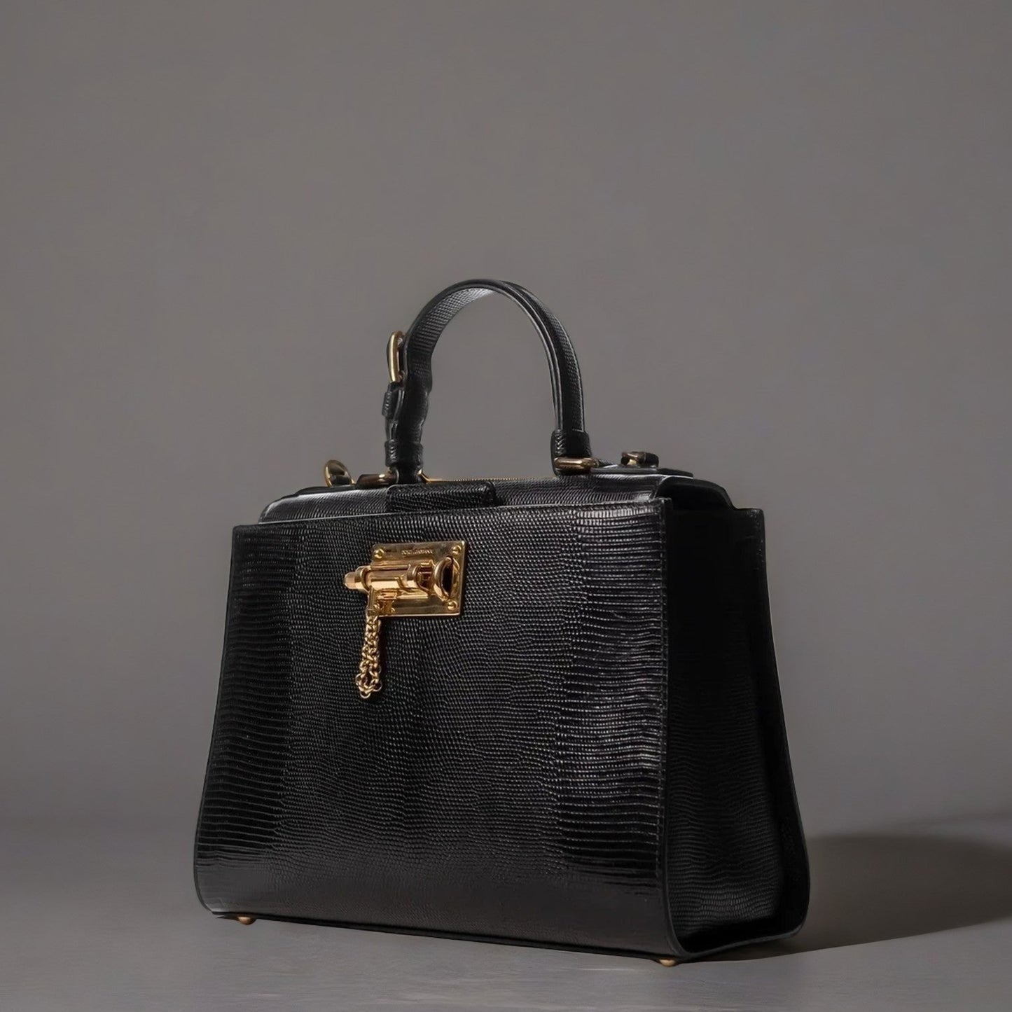 DOLCE & GABBANA Lizard Embossed Calfskin Large Monica Top Handle Bag Black