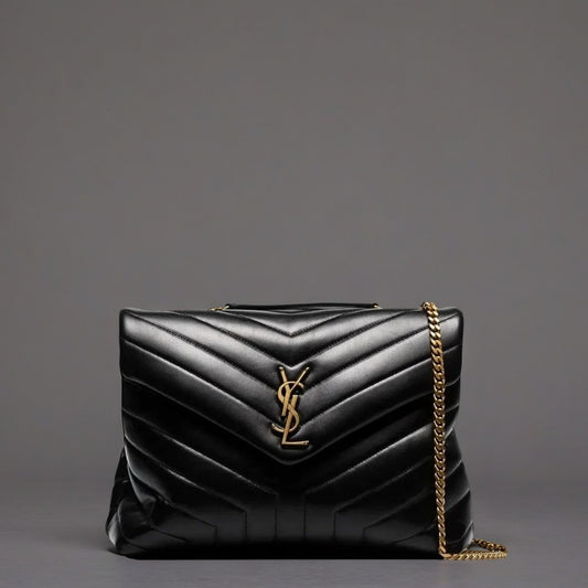 Calfskin Y Quilted Monogram Medium Loulou Chain Satchel Black