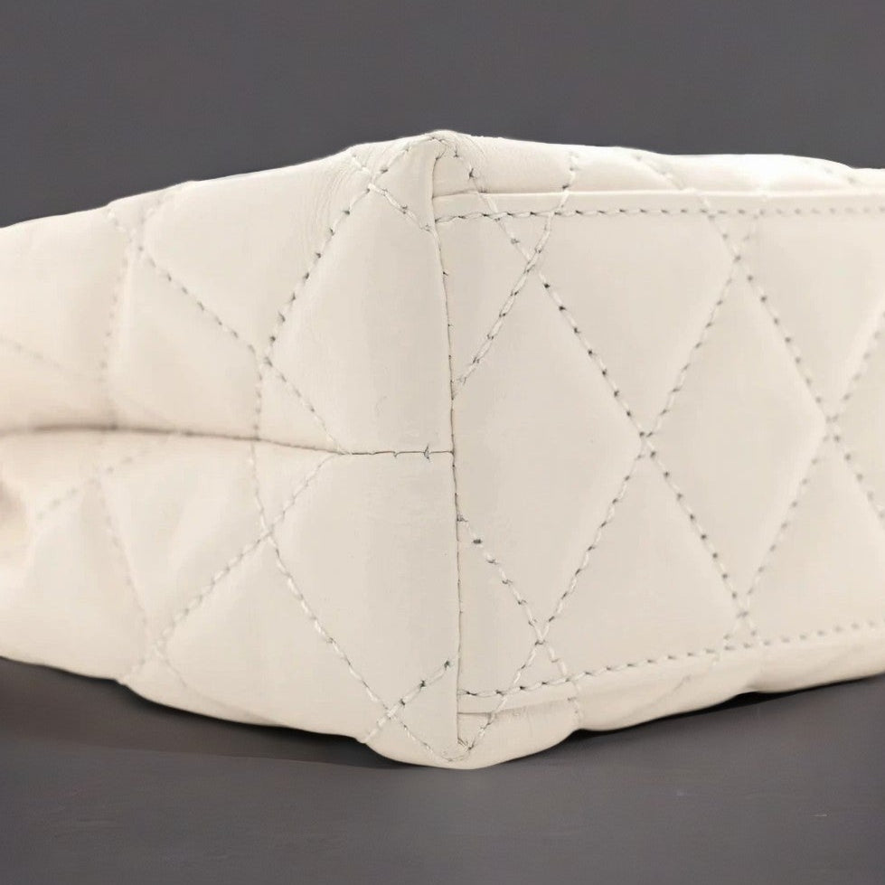 Shiny Aged Calfskin Quilted Nano Kelly Shopper White