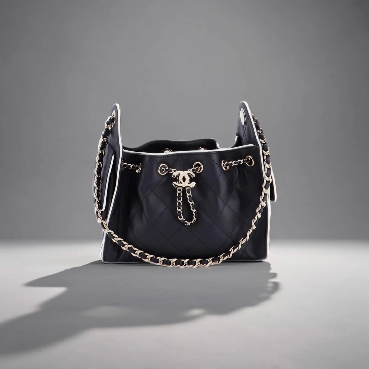 Braided Raffia Calfskin Mini Chanel 25 Handbag Black White