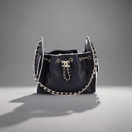 Braided Raffia Calfskin Mini Chanel 25 Handbag Black White