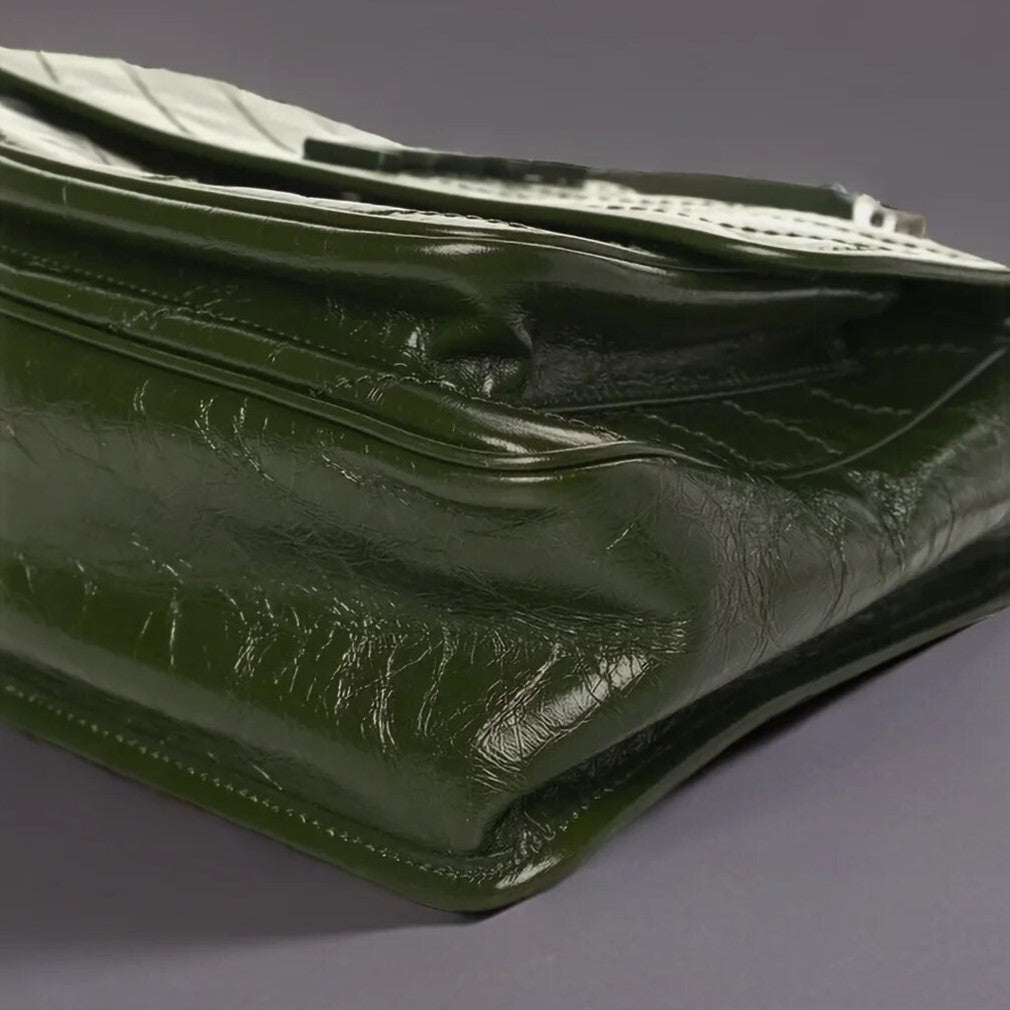 Crinkled Calfskin Matelasse Monogram Medium Niki Chain Satchel Military Olive