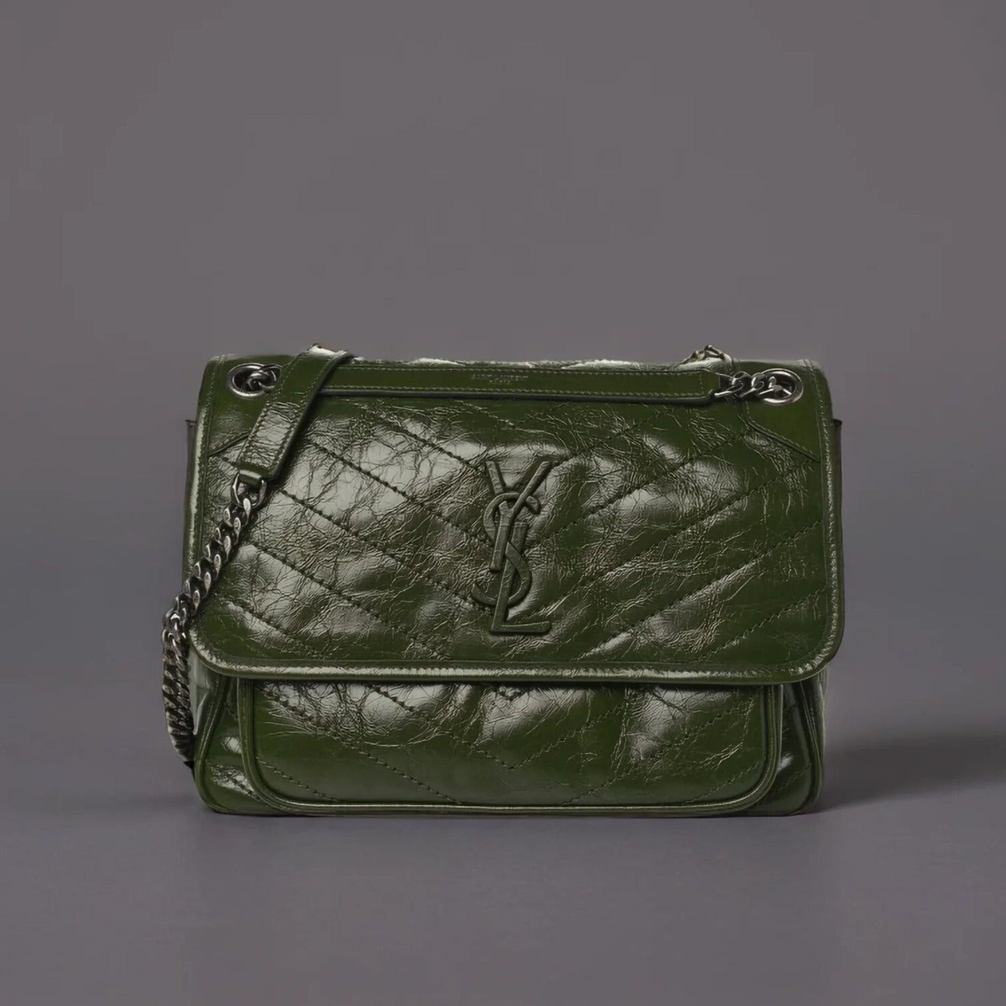 Crinkled Calfskin Matelasse Monogram Medium Niki Chain Satchel Military Olive