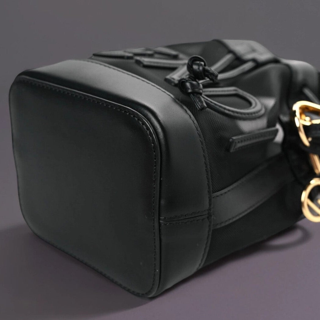 Mesh Vitello King F is Fendi Logo Embroidered Mini Mon Tresor Bucket Bag Black