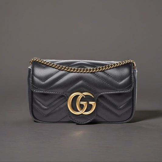 Calfskin Matelasse Super Mini GG Marmont Shoulder Bag Black