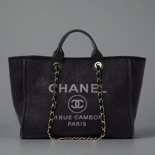 Woven Straw Raffia Medium Deauville Tote Black
