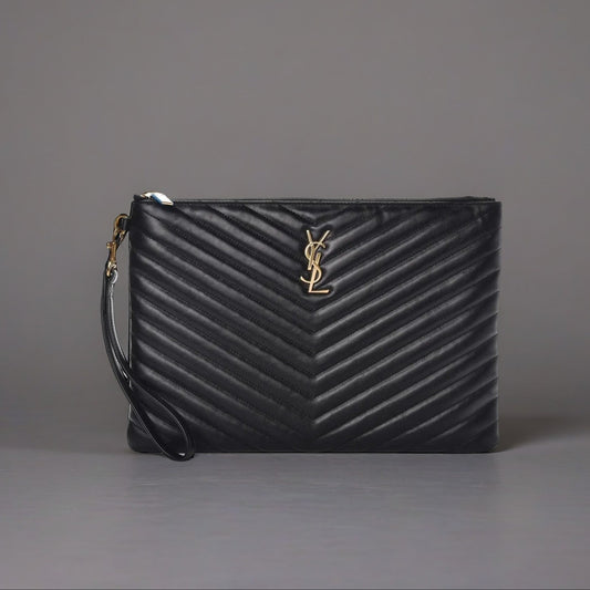 Calfskin Matelasse Chevron Monogram Zip A4 Pouch Black