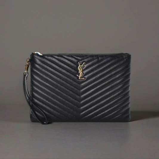 Calfskin Matelasse Chevron Monogram Zip A4 Pouch Black