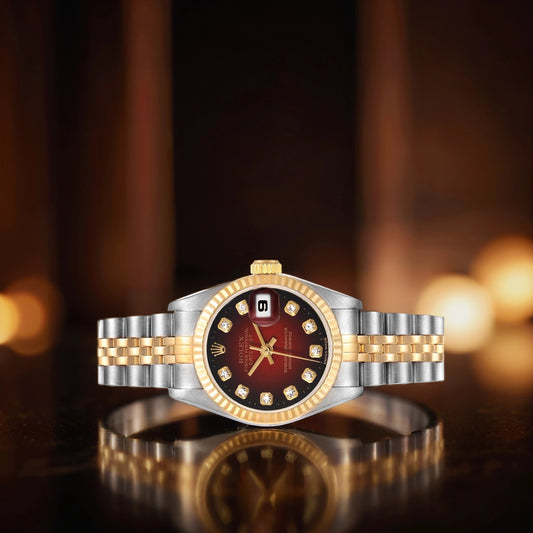 Rolex Datejust 26mm Steel Yellow Gold Red Vignette Diamond Dial Watch
