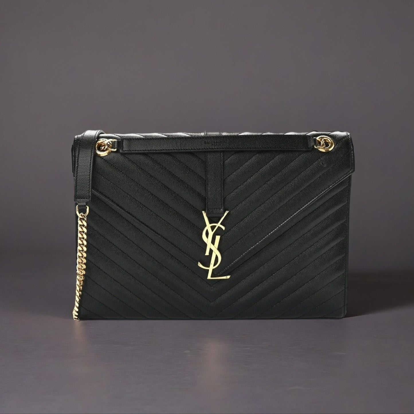 Grain De Poudre Matelasse Chevron Large Monogram Satchel Black